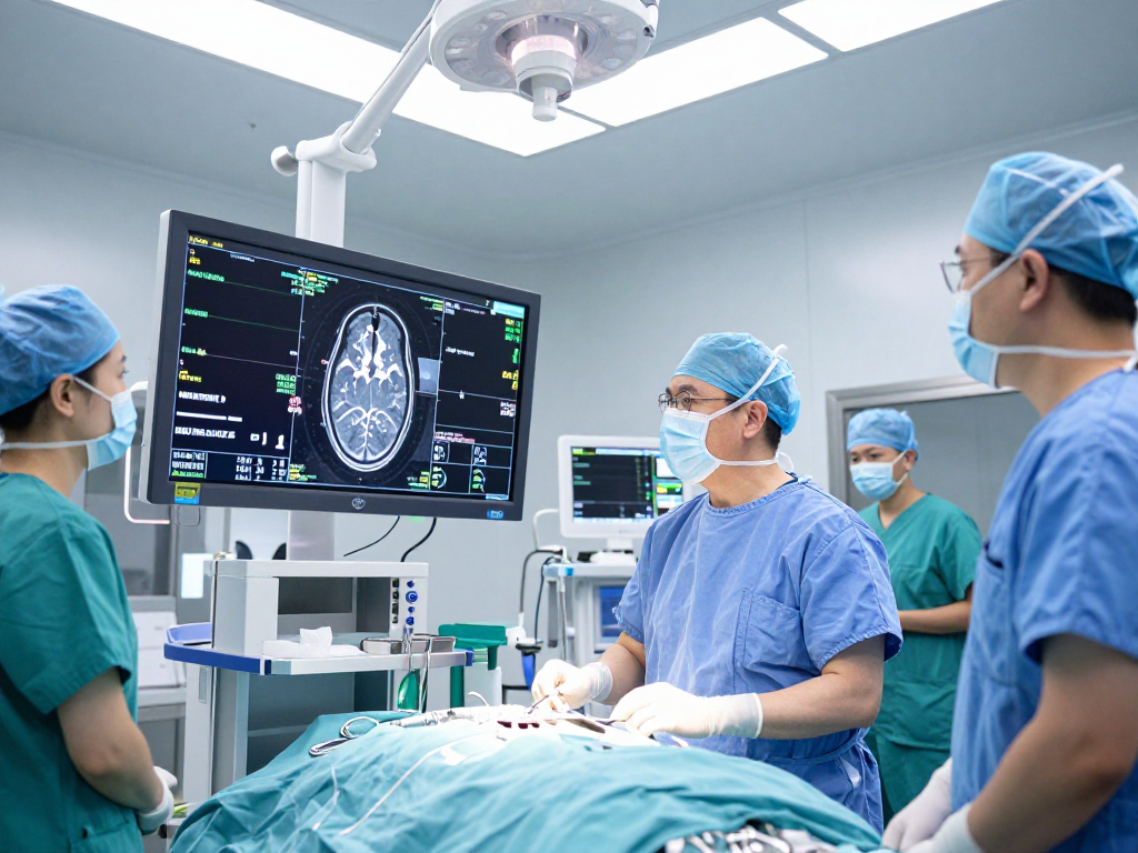 Neurosurgeon in Abu Dhabi analyzing brain scans in a modern operating room.