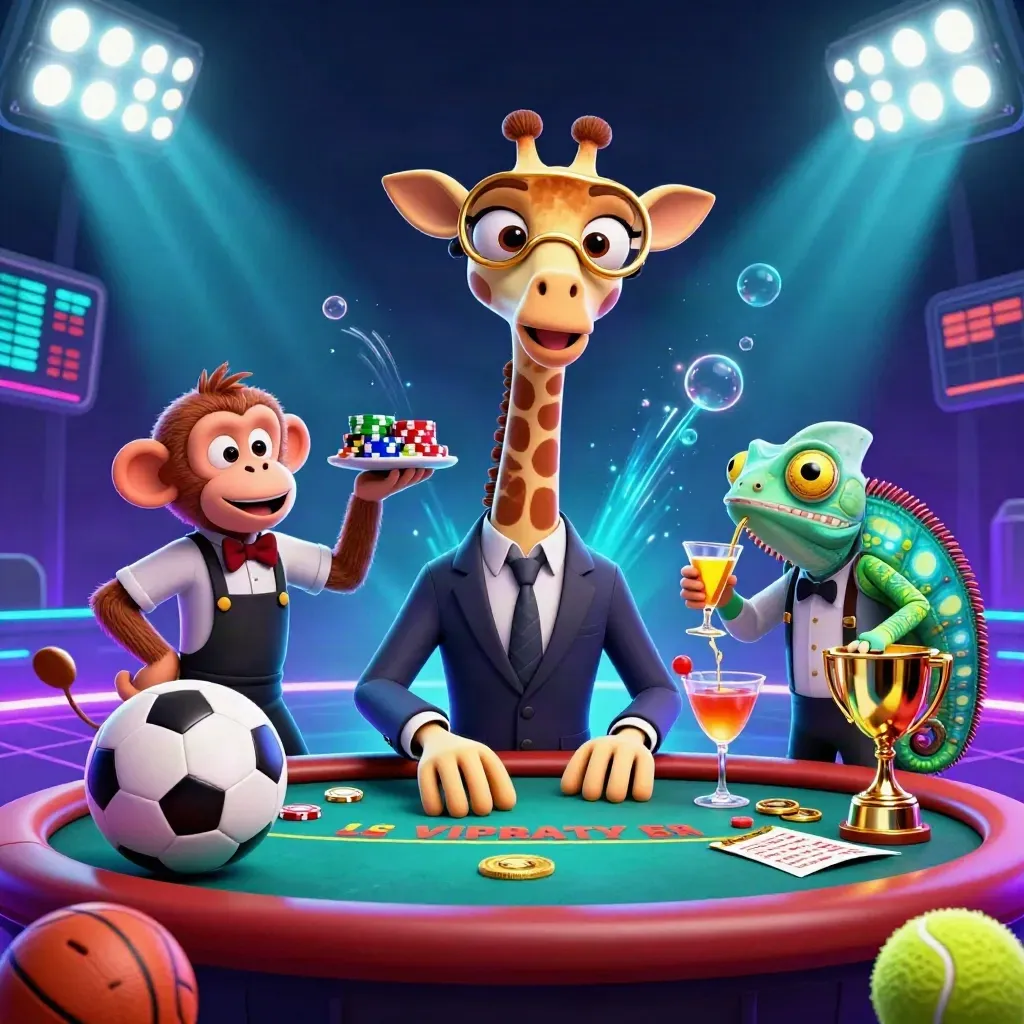 Giraffe, monkey and chameleon amid flying sports balls, coins and neon casino lights.