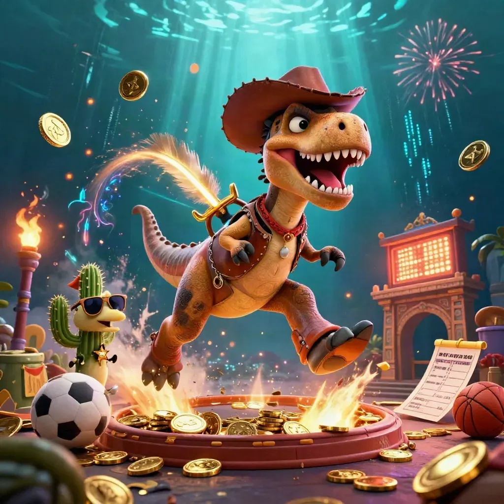 Cowboy T-Rex, cactus sidekick and sheriff roadrunner burst from a vault amid coins, neon energy and fireworks