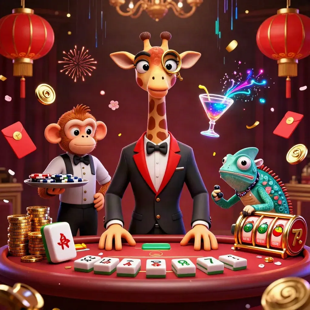 Giraffe, monkey, and chameleon casino heroes amid glowing slots, coins, and neon chaos.